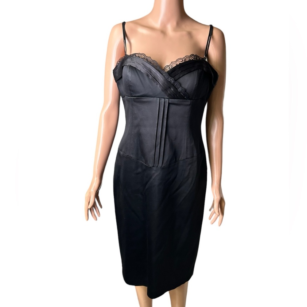 Laundry By Shelli Segal Black Lace-Trim Midi Slip Dress with Spaghetti Straps